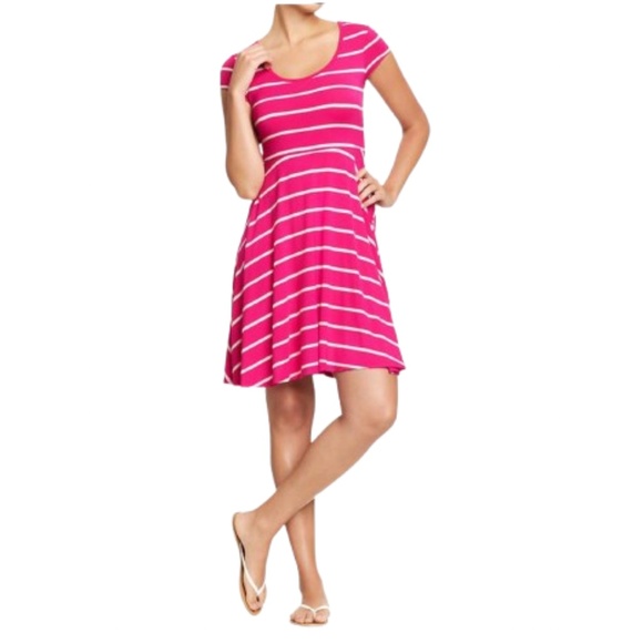 Old Navy Pink White Fit and Flare Dress LARGE - Picture 1 of 7